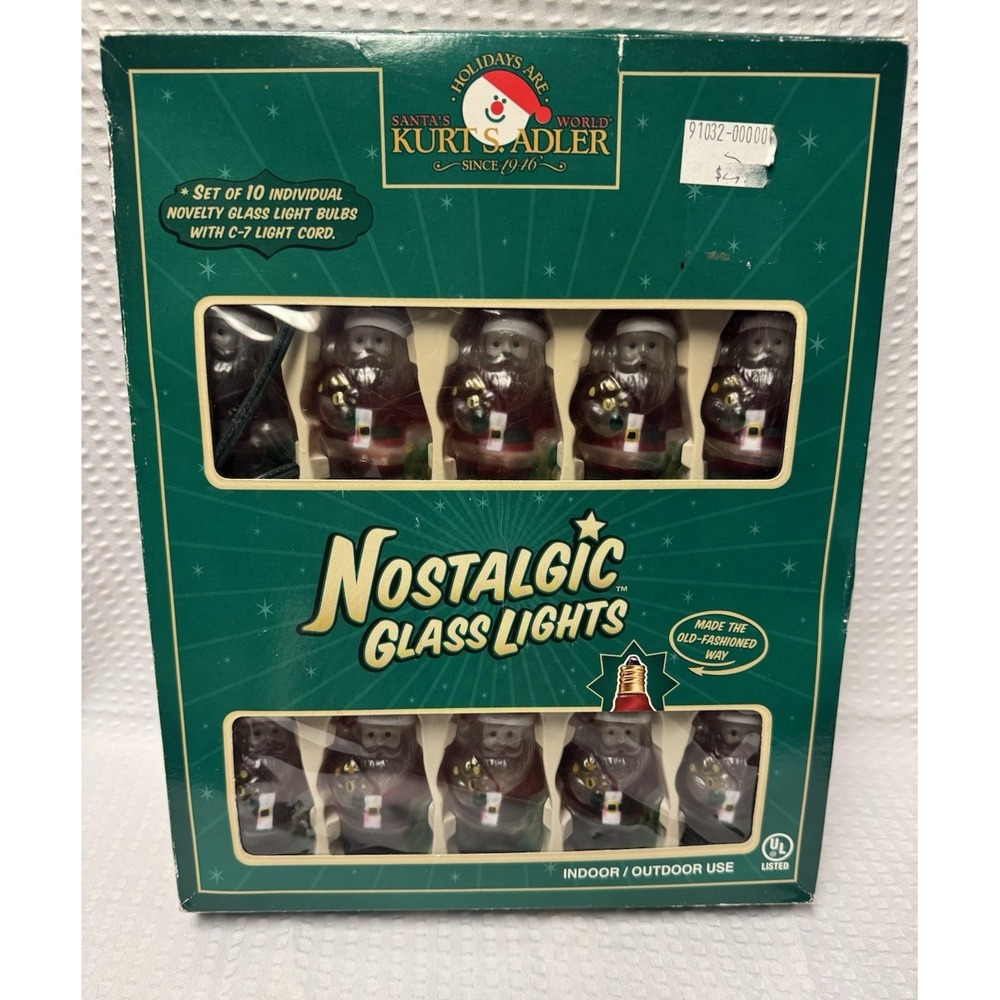 Vntg Kurt Adler Nostalgic Glass Lights Santa Claus 10-Light Strand C7 Bulbs 3"